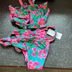 NWT Cheeky Swim Bikini Set with Pink and Green Design